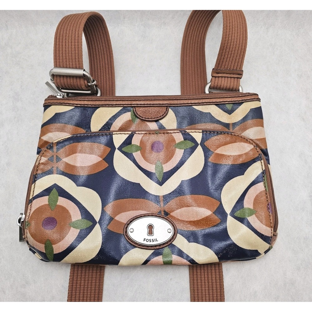 Key-Per Fossil Coated Canvas Crossbody Bag Floral Logo Lock Key Purse - Picture 2 of 8